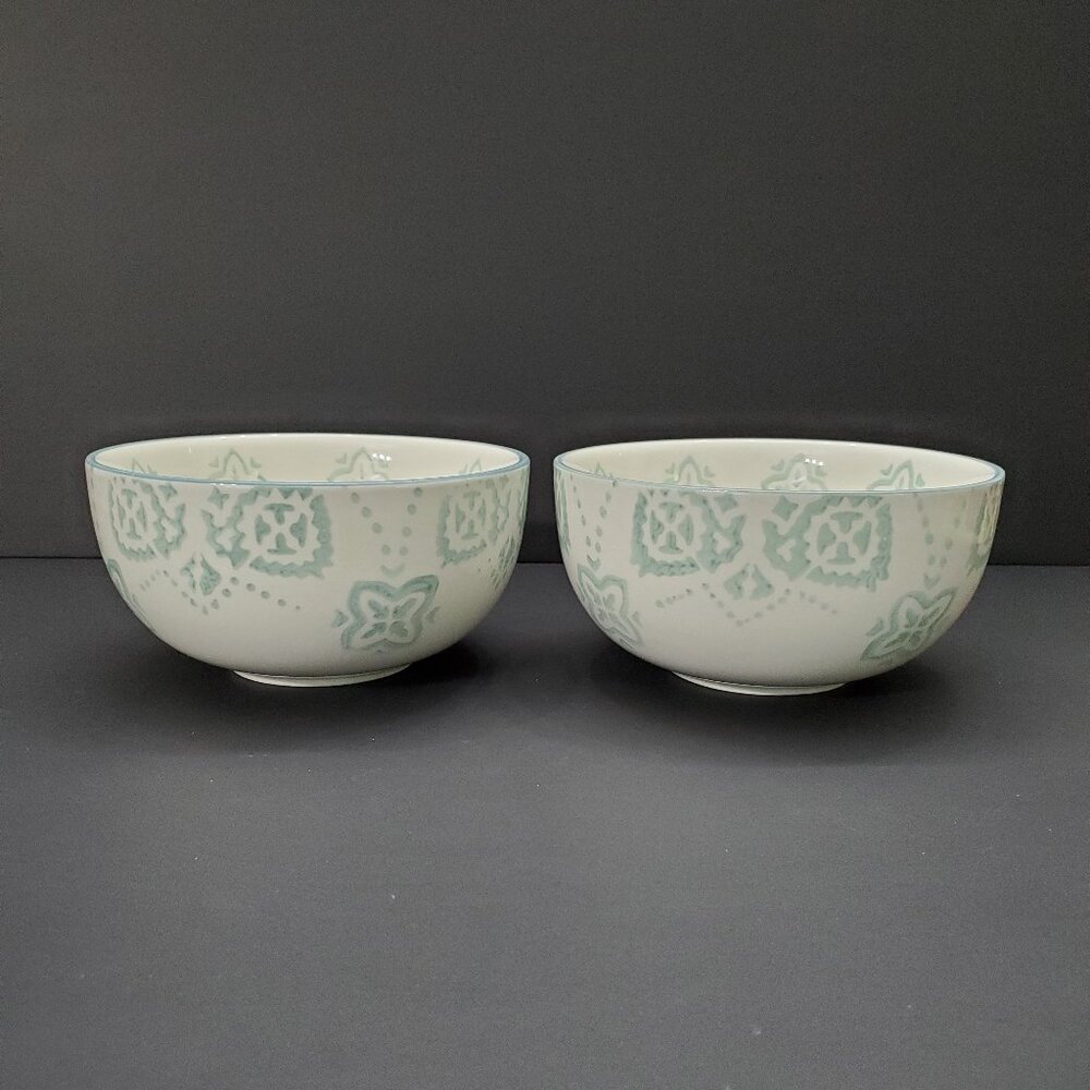 Baum Brothers Painterly Soup Cereal Bowls Turquoise Bluish Green Medallions
